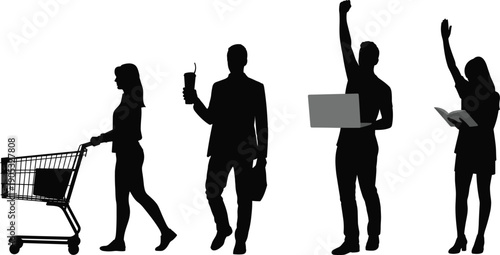 People lifestyle silhouette collection shopping working studying and drinking coffee isolated on white background modern daily activity illustration concept set