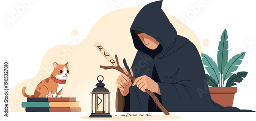 Hooded figure carves runes onto a stick, with a cat, lantern, and plant