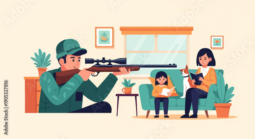 Man aims rifle indoors near family reading on sofa, dog sits nearby