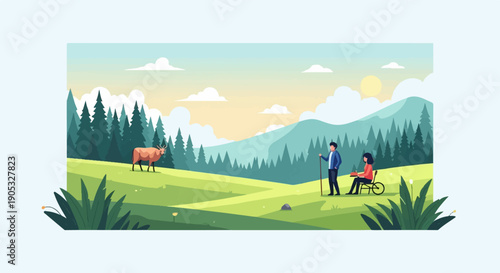 People and animal enjoy a scenic mountain landscape with trees