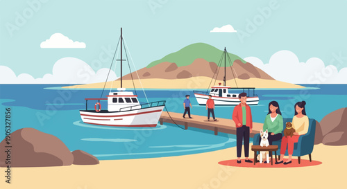 People and boats on a tranquil bay with a scenic mountainous backdrop