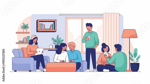 Friends gathered in a cozy living room sharing moments