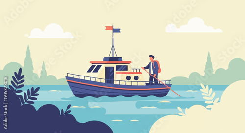 Man with backpack steers a boat across calm water near shore