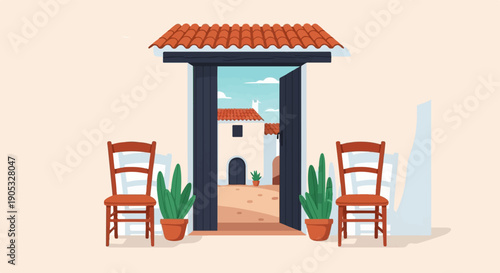 Open doorway to a sunlit courtyard with chairs and plants
