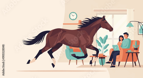 Horse gallops into a living room where a couple uses a laptop