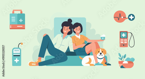 Friends with a dog and medical supplies in a relaxed setting