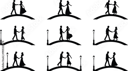 Romantic couple silhouette collection walking on bridge holding hands isolated on white background love relationship illustration concept design set