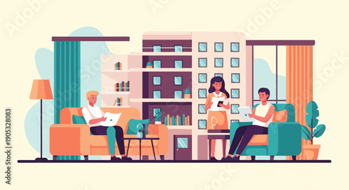 Modern living room with people using tablets and papers