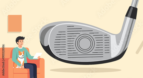 Man with dog on couch next to golf club, abstract art