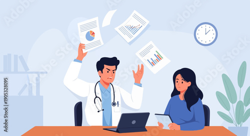 Frustrated doctor throws papers at worried patient while working