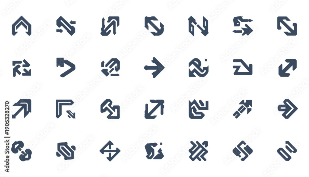 Fototapeta premium A versatile collection of 28 geometric arrow icons featuring a thick, modern line style in dark blue. The set covers a wide range of directional needs, including diagonal movements, double-ended paths