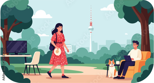 People and dog enjoying a day in a park with city skyline background