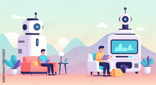 Futuristic robots and people relaxing in a pastel, digital landscape