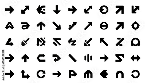 An extensive collection of 45 bold, black geometric icons focusing on motion and direction. The set features a variety of thick-stroke arrows, rotation symbols, expansion indicators, and abstract 
