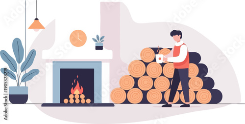 Man by fireplace with logs and plant, holding a warm drink