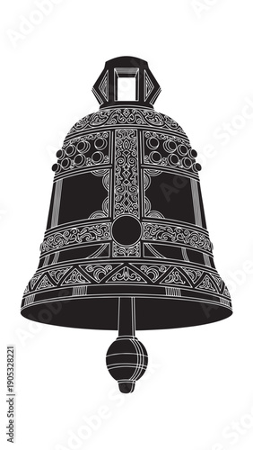 Ornate metal bell with intricate filigree patterns, hanging decorative bell with finial and antique craftsmanship.