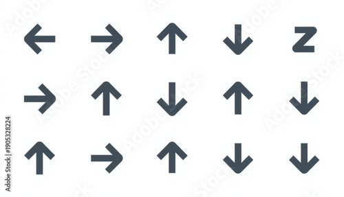 A clean set of 15 directional arrow icons in a bold, flat style with a dark grey finish. The collection features various orientations including up, down, left, and right, with both standard and styliz