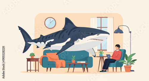 Man calmly works on laptop with large shark in living room