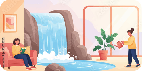 Interior with waterfall and people enjoying leisure activities