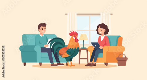 Man and woman in a living room with a rooster and plants