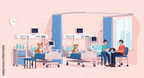 Hospital room with two dogs on beds and people masked, visiting