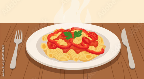 Hot pasta with red pepper slices and tomato sauce, served on a plate with cutlery