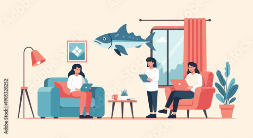 Modern living room with three women working on laptops and a fish decoration