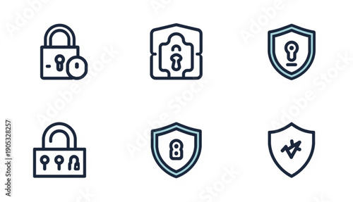 A professional set of cybersecurity and data protection icons featuring a dual-tone linear style. The collection includes various security symbols such as padlocks, shields with keyholes, and protecte