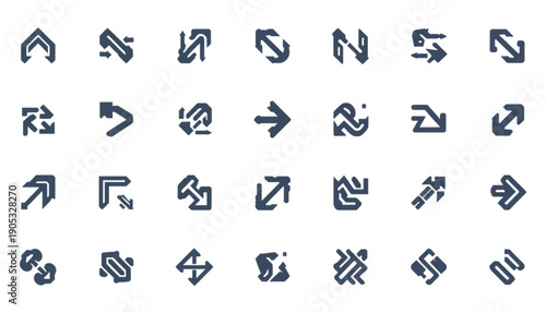 A versatile collection of 28 geometric arrow icons featuring a thick, modern line style in dark blue. The set covers a wide range of directional needs, including diagonal movements, double-ended paths