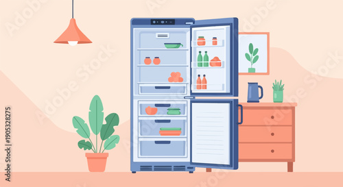 Open refrigerator filled with food items and kitchenware beside it