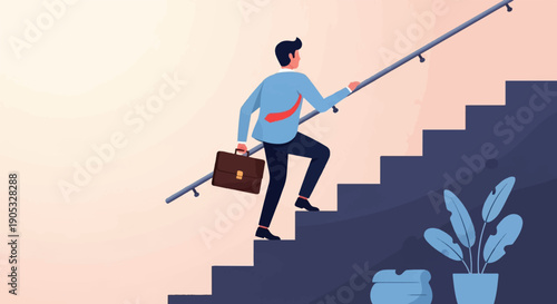 Man climbs stairs with briefcase, symbolizing career progression