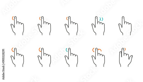 A comprehensive set of ten minimalist line icons illustrating various touchscreen hand gestures. Each icon features a clean outline of a hand with colorful accent marks—orange and teal—to indicate 
