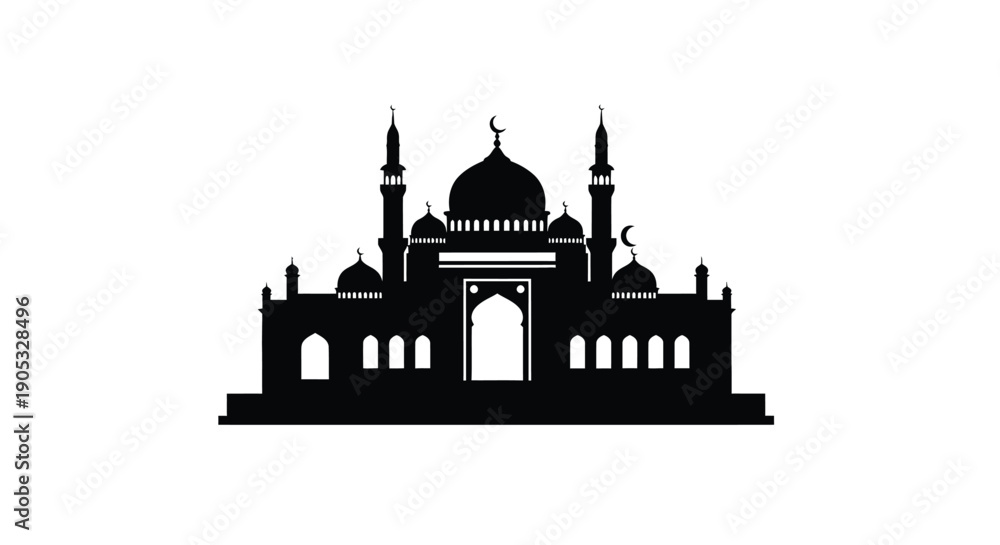 Fototapeta premium Mosque Silhouette with Domes and Minarets against White Background