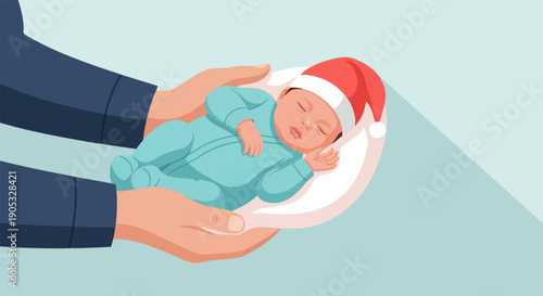 Gentle hands cradle a sleeping baby wearing a festive hat
