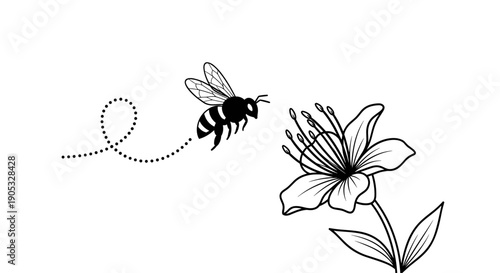 Detailed Line Art Illustration of a Bee Approaching a Flower.