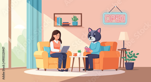 Human and dog in cozy room with open sign, plants, books, and table