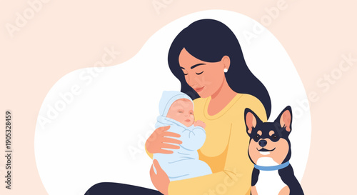 Gentle mother holds sleeping baby, dog sits beside them
