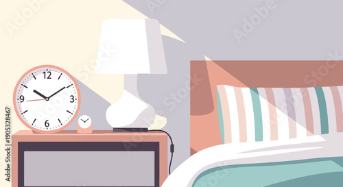 Gentle morning light illuminates a bedside table with two clocks and a lamp