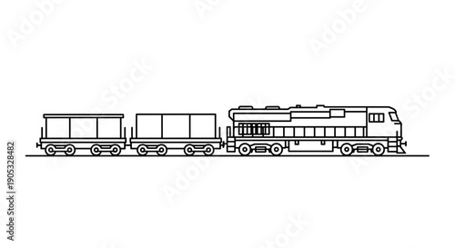 Detailed Line Art Illustration of a Freight Train Engine with Wagons.