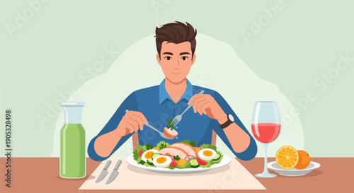 Man eating healthy salad with sliced chicken and eggs, beside drink