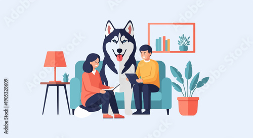 People and dog in room with sofa, lamp, and plant