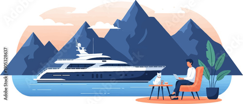 Man working on laptop by yacht, dog, plant, and mountains