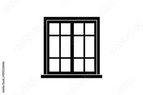 Window silhouette on white background, simple black and white design with architectural element and clear lines