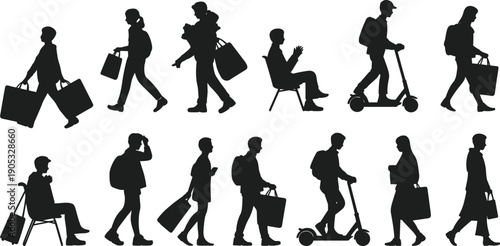 Traveler and commuter people silhouette collection walking with luggage scooter and bags isolated on white background urban lifestyle illustration set