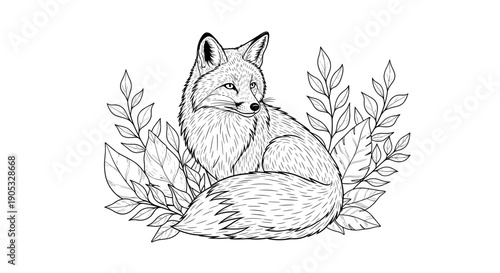 Detailed Line Art Illustration of a Sitting Fox Surrounded by Leaves.