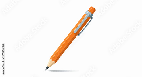 Orange pencil with a silver clip on a white background, casting a shadow