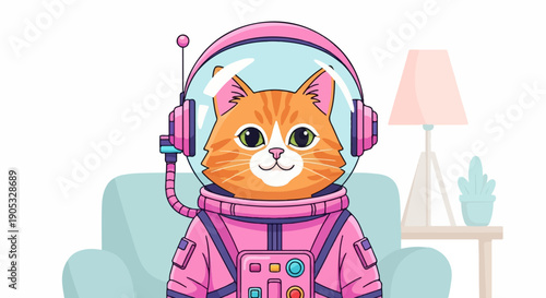 Ginger cat astronaut in a pink suit sits in a chair