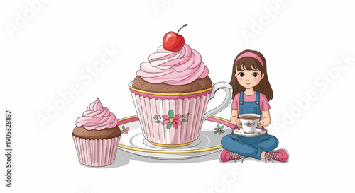 Girl enjoying a cup of tea with oversized cupcakes