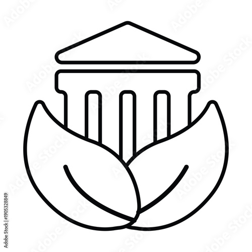 Minimalist line art icon showing a classical architectural structure with columns and a triangular roof, nestled within two prominent leaves, symbolizing eco-friendly design and sustainability.