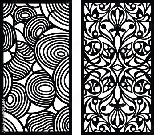Set of two decorative laser cut panels featuring abstract spiral circles and symmetrical floral damask patterns for CNC router and engraving.